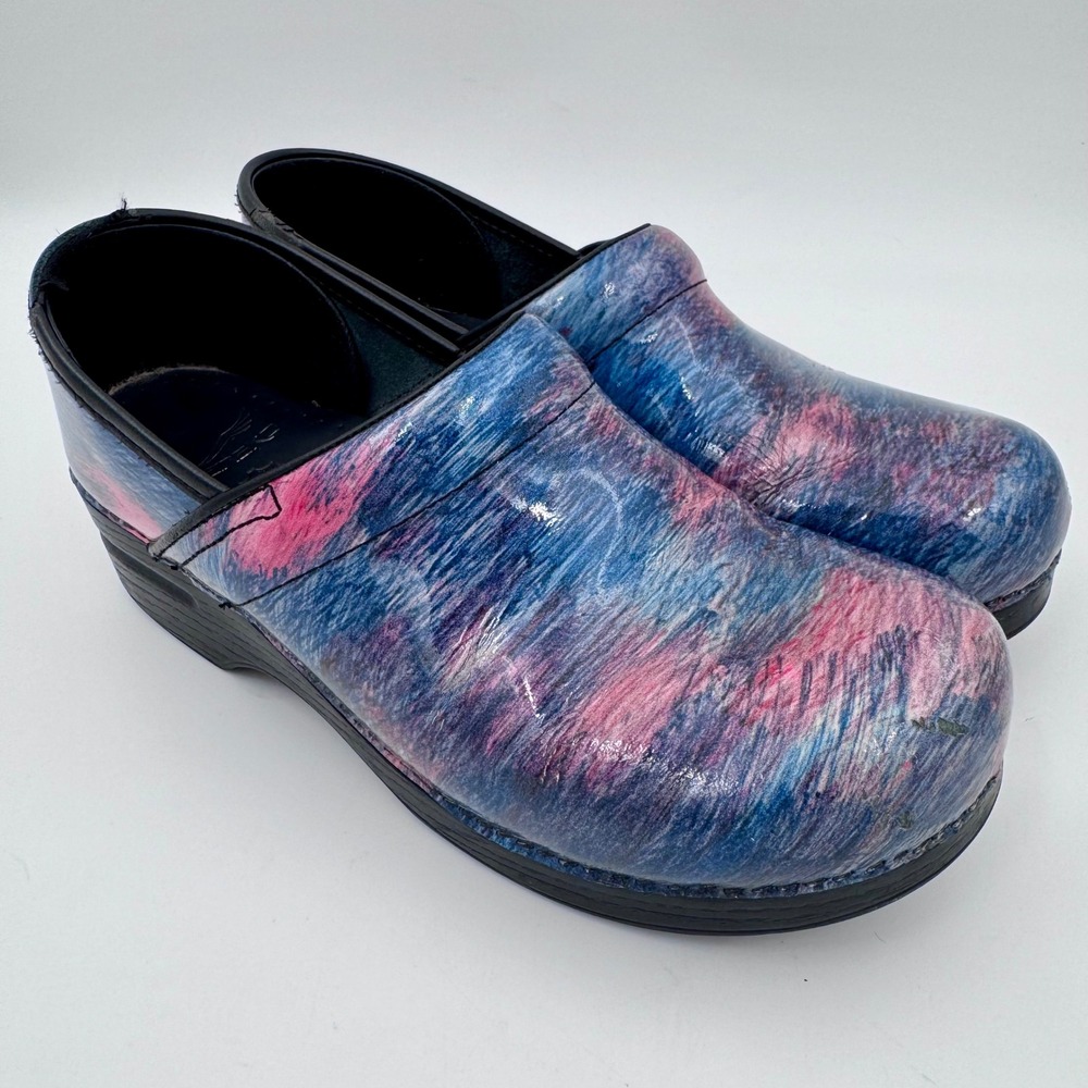 Dansko Clogs Patent‎ Leather Blue Pink Brushstroke Shoes Womens 40 Nurse Teacher